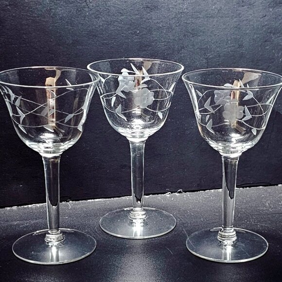 3 Vintage Floral Cocktail Glasses 5" etched Crystal coupe nostalgia Nick Nora - Picture 8 of 8